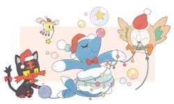 bird brionne cat christmas commentary_request creature creatures_(company) cutiefly flying full_body game_freak gen_7_pokemon hat jaho litten nintendo no_humans pokemon pokemon_(creature) rowlet santa_hat simple_background star_(symbol) white_background yarn yarn_ball