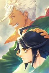 2boys black_hair brown_eyes dark-skinned_male dark_skin fang floating_hair from_side green_jacket gundam gundam_tekketsu_no_orphans hair_behind_ear hand_on_another&#039;s_head highres jacket lens_flare male_focus mikazuki_augus multiple_boys orga_itsuka sky smile takeda_yuuko white_hair