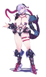 1girl absurdres areola_slip arm_tattoo armor ball_gag bandaid bandaids_on_nipples bare_shoulders bdsm blush cameltoe female_focus fingernails folded_fan folding_fan gag gag_around_neck hair_over_one_eye hand_fan headgear highres horns light_purple_hair long_fingernails nail_polish navel original pasties pauldrons purple_eyes purple_nails short_hair shoulder_armor simple_background sohn_woohyoung solo spikes standing tail tattoo thigh_strap unworn_gag white_background wiffle_gag zipper zipper_pull_tab