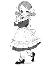 1girl apron blush bobby_socks dress full_body greyscale kari_(kakko_k) looking_at_viewer maid mary_janes monochrome original own_hands_together shoes short_hair simple_background smile socks solo