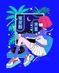 1girl blue_background blue_jacket blue_socks closed_mouth crescent_moon drink from_side full_body hair_between_eyes highres holding holding_drink invisible_chair jacket kneehighs leaf long_sleeves medium_hair moon nakazawa_ayami neon_palette night night_sky original phonograph ramune red_hair sitting skirt sky socks solo white_skirt white_sneakers