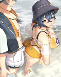 1boy 1girl ass beach belle_(zenless_zone_zero) bikini bikini_under_clothes blue_eyes blue_hair breasts brother_and_sister bulge e11e erection erection_under_clothes hat highres jewelry large_breasts looking_back micro_shorts necklace outdoors see-through_clothes see-through_shirt shirt shorts siblings swimsuit wise_(zenless_zone_zero) zenless_zone_zero