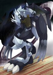 armor chaosgreymon claws digimon digimon_(creature) digimon_world_2 helmet muscular muscular_male pixiv_user_(55765562) white_hair