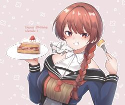 Rule 34 | 1girl, 702 (naotsu), animal, animal on shoulder, black sailor collar, blue dress, braid, brown background, brown hair, cake, cake slice, collared shirt, commentary request, dress, dress shirt, food, fork, goat, grin, happy birthday, highres, kantai collection, looking at viewer, nevada (kancolle), nevada kai (kancolle), one eye closed, red eyes, sailor collar, shirt, single braid, smile, solo, strawberry shortcake, two-tone background, upper body, white shirt