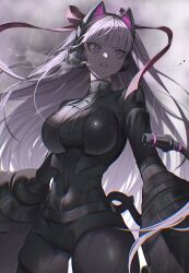1girl akiba_hinagiku black_bodysuit bodysuit breasts commentary_request cowboy_shot grey_background highres large_breasts muted_color purple_eyes purple_hair rain rize_(rize0420) solo tribe_nine