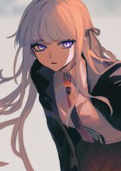 Rule 34 | 1girl, black jacket, black ribbon, braid, breasts, brown skirt, cowboy shot, danganronpa: trigger happy havoc, danganronpa (series), grey background, grey hair, hair ribbon, highres, jacket, kirigiri kyoko, long hair, necktie, open clothes, open jacket, open mouth, pink eyes, pleated skirt, ribbon, simple background, skirt, small breasts, solo, teeth, to sawa teru