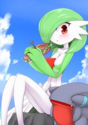 ._. 1girl black_eyes blue_sky blush bob_cut bread breasts cheese cloud collarbone colored_skin day fang female_focus food g_(genesis1556) gardevoir gen_3_pokemon gen_4_pokemon get gible green_hair green_skin hair_over_one_eye hands_up highres holding holding_food knees_together_feet_apart knees_up legs lettuce looking_at_viewer multicolored_skin nintendo objectification one_eye_covered open_mouth outdoors own_hands_together pokemon pokemon_(creature) red_eyes rock sandwich short_hair sitting sky small_breasts solo_focus submarine_sandwich thighs tomato tomato_slice two-tone_skin white_skin