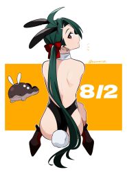 ._. 1girl ahoge animal_ears back backless_leotard black_leotard bright_pupils clodsire clothed_pokemon detached_collar ear_piercing earrings fake_animal_ears fake_tail from_behind genjitsu_o_miro green_hair hair_ribbon high_heels highleg highleg_leotard highres jewelry kneeling leotard long_hair looking_at_viewer looking_back nintendo notice_lines piercing playboy_bunny pokemon pokemon_(creature) pokemon_sv ponytail rabbit_ears rabbit_tail red_eyes red_ribbon ribbon rika_(pokemon) smile tail triangle_earrings white_pupils