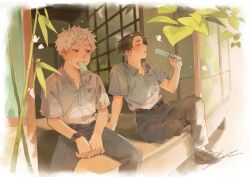 Rule 34 | 2boys, bangs pinned back, belt, black belt, black hair, black pants, brown shoes, carlozw, closed eyes, collared shirt, food, food in mouth, hair ornament, hairclip, hand rest, highres, hikaru (hikaru ga shinda natsu), hikaru ga shinda natsu, holding, holding food, holding popsicle, hot, male focus, mole, mole on neck, mole under eye, multiple boys, pants, pocket, popsicle, popsicle in mouth, school uniform, shirt, shoes, short hair, signature, sitting, tongue, tongue out, tsujinaka yoshiki, watch, white hair, white shirt, wristwatch