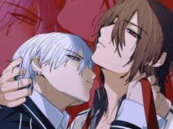 Rule 34 | 2boys, adam&#039;s apple, amikoiiko, arm up, bishounen, black jacket, blazer, brown hair, brown shirt, collarbone, cross academy school uniform, dress shirt, earrings, facing to the side, fingernails, hand in another&#039;s hair, highres, hino matsuri (style), holding necktie, imminent bite, jacket, jewelry, kiryuu zero, kuran kaname, lapels, long sleeves, looking at another, looking up, male focus, mismatched eyebrows, multiple boys, multiple earrings, necktie, notched lapels, purple eyes, red background, red eyes, red necktie, school uniform, shirt, short hair, sternocleidomastoid muscle, teeth, unworn necktie, vampire, vampire knight, white hair, white jacket, white shirt, yaoi, zoom layer