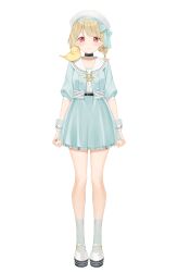 1girl absurdres animal animal_on_shoulder bird bird_on_shoulder blonde_hair blue_skirt blue_socks braid buttons choker collarbone double-breasted full_body hat highres kinako_(shiratama_mochi) kogara_toto kogara_toto_(1st_costume) layered_skirt lupinus_virtual_games mary_janes official_art parted_bangs platform_shoes pleated_skirt puffy_short_sleeves puffy_sleeves red_eyes sailor_collar sailor_hat sailor_shirt second-party_source see-through_skirt_layer shirt shoes short_sleeves simple_background skirt socks solo twin_braids virtual_youtuber vspo! white_background white_hat white_shoes wrist_cuffs yellow_bird
