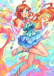 1girl ahoge akuo aqua_eyes artist_name bare_shoulders barefoot_sandals_(jewelry) bloom_(winx_club) blue_background blue_dress bottle bow bowtie braid breasts cleavage closed_mouth crown_braid dress elbow_gloves embers enchantix eyelashes fairy fairy_wings fire floating_hair foot_out_of_frame frilled_dress frills gloves gradient_background green_background hair_ornament happy heart heart_hair_ornament leg_up light_blush lipstick long_hair looking_at_viewer magical_girl makeup multicolored_wings orange_hair petals pink_bow pink_bowtie pink_gloves pink_lips pyrokinesis short_dress smile solo twitter very_long_hair watermark white_background wings winx_club