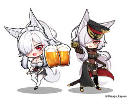 1girl alcohol animal_ear_fluff animal_ears barmaid beer belt black_boots black_hat black_jacket black_shoes black_skirt boots bow breasts brown_belt chibi collarbone commission covered_navel cropped_jacket discordia_(vtuber) fang fox_ears fox_girl fox_tail frilled_skirt frills froth gloves golden_gun gun hair_over_one_eye hat holding holding_gun holding_weapon indie_virtual_youtuber jacket jewelry leotard long_hair maid_headdress military_uniform mole mole_on_breast necklace open_mouth orange_crayon! peaked_cap red_bow red_eyes see-through_clothes see-through_leotard sheath sheathed shoes skin_fang skirt smile tail thigh_boots thighhighs twitter_username virtual_youtuber weapon white_hair white_thighhighs