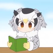 1girl animal animated black_hair blinking blonde_hair book brown_eyes bug butterfly butterfly_net captured chibi closed_mouth coat commentary fur_collar gloves grey_hair hand_net holding holding_book insect kemono_friends long_sleeves medium_hair multicolored_hair net northern_white-faced_owl_(kemono_friends) open_book owl_ears reading solo symbol-only_commentary taro_(tontaro) video white_hair