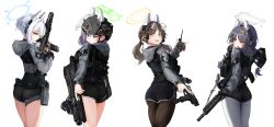 4girls absurdres ahoge ammunition_pouch animal_ears ar-15 ass assault_rifle belt belt_pouch black_gloves black_hoodie black_pantyhose black_shorts blue_archive blue_eyes blue_halo blush bolt_action braid breasts bright_pupils brown_hair bullpup closed_mouth clov3r commentary_request cowboy_shot detonator dolphin_shorts ear_protection earpiece eyewear_on_head face_shield fake_animal_ears feet_out_of_frame fingerless_gloves from_behind furrowed_brow gloves green_halo grey_halo grey_hood grey_hoodie grey_pantyhose grey_sleeves gun gun_sling hair_between_eyes hair_bun hair_ribbon halo handgun headset helmet highres holding holding_behind_back holding_gun holding_weapon holding_weapon_behind_back holstered hood hood_down hoodie kneepits laser_sight leaf leaf_on_head legs_together load_bearing_vest long_hair long_sleeves looking_down magazine_(weapon) medium_breasts microphone miyako_(blue_archive) miyu_(blue_archive) moe_(blue_archive) multiple_girls open_mouth p90 pantyhose pantylines partially_fingerless_gloves pouch profile purple_eyes purple_hair rabbit_ears rabbit_platoon_(blue_archive) red_eyes ribbon rifle saki_(blue_archive) scope scratching_cheek short_shorts shorts sideways_mouth sig_cross sig_p220/p226 sig_sauer sig_sauer_p320 simple_background single_hair_bun sniper_rifle standing submachine_gun sweat trigger_discipline turning_head twintails utility_belt walkie-talkie weapon white_background white_hair white_pupils white_ribbon yellow_eyes yellow_halo