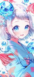 Rule 34 | 1girl, absurdres, animal print, blue eyes, blue kimono, blush, braid, commentary request, fish print, gakuen idolmaster, goldfish print, grey hair, hair ornament, highres, idolmaster, japanese clothes, katsuragi lilja, kimono, looking at viewer, maru51, short hair, smile, solo, upper body, water drop, white background