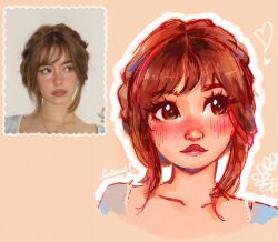 1girl alt_text artist_name blush braid brown_background brown_hair collarbone commentary crown_braid english_commentary freckles green_eyes heart highres latteswiirl multicolored_hair original photo-referenced portrait red_hair red_lips reference_inset solo streaked_hair