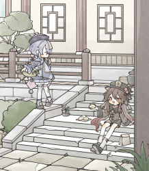 2girls bag basket black_headwear black_shorts bush commentary_request day flower frills genshin_impact gradient_hair hair_between_eyes hat hat_flower highres hu_tao_(genshin_impact) kneehighs long_hair long_sleeves multicolored_hair multiple_girls ofuda open_mouth outdoors pink_eyes plum_blossoms pot purple_hair qingdai_guanmao qiqi_(genshin_impact) red_eyes red_hair shionosuke shorts sidelocks sitting socks stairs standing thighhighs twintails white_legwear