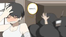 1boy 1girl bare_shoulders black_hair blush breasts buried cleavage closet colored_speech_bubble comic english_text from_behind gomulgong highres indoors large_breasts open_mouth original segmented_comic shark_girl shark_girl_(gomulgong) sharp_teeth shirt speech_bubble sweat tank_top teeth trash_bag white_shirt yellow_eyes