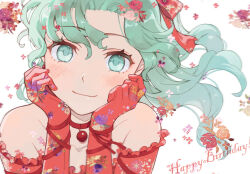 1girl aqua_eyes aqua_hair bare_shoulders blush bow choker closed_mouth detached_sleeves dress final_fantasy final_fantasy_vi floral_print hair_between_eyes hair_bow hands_on_own_cheeks hands_on_own_face happy_birthday long_hair looking_at_viewer parted_bangs pendant_choker ponytail red_bow red_choker red_dress red_sleeves ren_mizuha smile solo tina_branford wavy_hair white_background