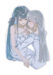 2girls absurdres bang_dream! bang_dream!_it&#039;s_mygo!!!!! blue_hair closed_eyes closed_mouth dress grey_hair hair_ornament hair_ribbon hairclip highres inumi_(780956) long_hair long_sleeves multiple_girls open_mouth ribbon sidelocks simple_background sitting spaghetti_strap togawa_sakiko wakaba_mutsumi white_background white_dress yellow_eyes yuri