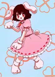 1girl :d animal_ears aqua_background bad_id bad_twitter_id blush brown_hair carrot_necklace clover dress female_focus four-leaf_clover frilled_dress frilled_sleeves frills fukufukupine highres inaba_tewi jewelry knees_together_feet_apart necklace open_mouth puffy_short_sleeves puffy_sleeves rabbit_ears rabbit_paws rabbit_tail red_eyes short_hair short_sleeves smile solo tail touhou
