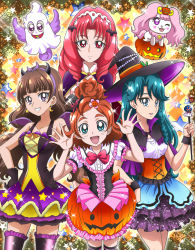 4girls akagi_towa amanogawa_kirara argyle_background argyle_clothes aroma_(go!_princess_precure) bat_hair_ornament bird black_gloves blue_eyes blue_hair bow brown_hair bubble_skirt capelet corset crescent crescent_earrings dog earrings frills gloves go!_princess_precure hair_ornament hairband halloween hanzou haruno_haruka hat jewelry kaidou_minami long_hair multiple_girls orange_skirt pink_bow precure puff_(go!_princess_precure) purple_eyes purple_skirt red_eyes red_hair short_hair skirt smile star_(symbol) star_earrings thighhighs witch_hat