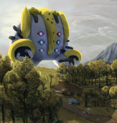 1boy cloud commentary english_commentary forest gen_2_pokemon gen_4_pokemon grass highres kaiju legendary_pokemon marill mcgmark mountain nature nintendo outdoors pokemon pokemon_(anime) pokemon_(classic_anime) pokemon_(creature) regigigas road running shoes shorts skirt sky solo_focus tree walking water