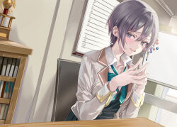 1girl bow bowtie collared_shirt commentary_request green_bow green_bowtie grey_eyes grey_jacket hair_between_eyes indoors jacket long_sleeves looking_at_viewer mole mole_under_eye momoko_(momopoco) novel_illustration official_art on_chair open_clothes open_jacket parted_lips sarashina_chisaki school_uniform second-party_source shirt short_hair sitting smile solo tokidoki_bosotto_roshia-go_de_dereru_tonari_no_alya-san