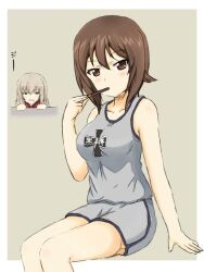 Rule 34 | 1girl, blue eyes, breasts, brown background, brown eyes, brown hair, emblem, food, girls und panzer, grey hair, gym shorts, gym uniform, holding, holding food, itsumi erika, kuromorimine (emblem), large breasts, light blush, looking at viewer, ma-2 (konkon kitakitsune), multiple girls, nishizumi maho, pocky, red shirt, saliva, shirt, short hair, shorts, solo
