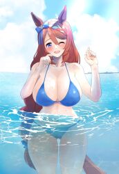 1girl alternate_costume animal_ears bikini blue_eyes blush bow braid breasts brown_hair hair_between_eyes highres horse_ears horse_girl horse_tail large_breasts long_hair looking_at_viewer multicolored_hair narumi_yuzurai navel one_eye_closed open_mouth solo streaked_hair super_creek_(umamusume) swimsuit tail teeth umamusume upper_teeth_only very_long_hair white_hair