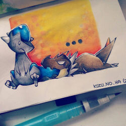... animal_focus art_tools_in_frame biting_another&#039;s_tail blank_eyes border claws closed_mouth commentary cranidos full_body gen_4_pokemon gen_6_pokemon highres looking_at_another nintendo no_humans painting_(medium) photo_(medium) pokemon pokemon_(creature) signature tail tendou-kuzunoha traditional_media tyrunt watercolor_(medium) white_border