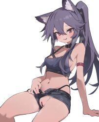 Rule 34 | 1girl, aku0, animal ear fluff, animal ears, bar censor, belt collar, black collar, black hair, black shorts, breasts, censored, claw pose, clothing aside, collar, commentary, commission, crop top, flashing, highres, long hair, looking at viewer, micro shorts, navel, open mouth, original, panties, panties aside, panties under shorts, pixiv commission, ponytail, purple eyes, pussy, shorts, shorts aside, simple background, small breasts, smile, solo, symbol-only commentary, underwear, white background