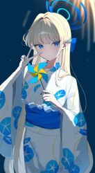 Rule 34 | blue archive, blue eyes, fireworks, flower, highres, japanese clothes, kimono, long hair, morning glory, nail polish, night, night sky, pinwheel, sky, star (sky), starry sky, sukasusu 51te, toki (blue archive), v, yukata