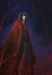 Rule 34 | 1boy, bandaged neck, bandages, bishounen, black eyes, black hair, black hanfu, blood, chinese clothes, chinese commentary, coat, dao gui yi xian, guo ling, hair between eyes, hanfu, highres, ji zai, li huowang, light particles, long hair, long sleeves, low-tied sidelocks, male focus, night, official alternate hairstyle, rain, raining blood, red coat, robe, sidelocks, sleeves past fingers, sleeves past wrists, solo, standing, very long hair, very long sleeves, wet, wet hair