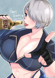 1girl absurdres angel_(kof) backless_pants blue_eyes bra breasts chaps cleavage crop_top cropped_jacket fingerless_gloves gloves hair_over_one_eye highres index_fingers_raised jacket kageru_(mofnyan) large_breasts leather leather_jacket looking_at_viewer midriff navel pants short_hair smile snk solo strapless strapless_bra the_king_of_fighters the_king_of_fighters_xiv toned toned_female underwear white_hair