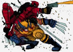 2boys absurdres arm_hair azoinab belt black_gloves bleeding blood blood_on_face bloody_weapon blue_gloves bodysuit boots bullet_hole claw_(weapon) clenched_hands clenched_teeth commentary commission deadpool deadpool_&amp;_wolverine deadpool_(series) dual_wielding english_commentary fighting_stance gloves gun highres holding holding_gun holding_sword holding_weapon katana knife male_focus marvel marvel_cinematic_universe mask multiple_boys muscular muscular_male red_bodysuit red_mask shuriken sleeveless smirk stab superhero_costume sword teeth two-tone_bodysuit utility_belt weapon wolverine_(x-men) x-men yellow_bodysuit