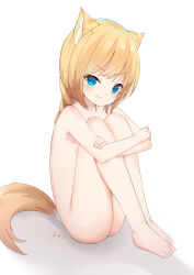1girl :t absurdres animal_ears ass barefoot blonde_hair blue_eyes breasts closed_mouth commentary_request completely_nude highres knees_up loli looking_at_viewer nude original small_breasts solo tail toes white_background zds