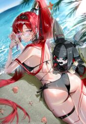 1girl absurdres ass beach bikini black_bikini hair_in_own_mouth hairband high_ponytail highres looking_at_viewer looking_back lotion lying on_stomach ponytail purple_eyes red_hair shell smile soare_lucien solo sunglasses sunscreen swimsuit thigh_strap watermark wet wuthering_waves yinlin_(wuthering_waves) zapstring_(wuthering_waves)
