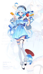 1girl :t absurdres ahoge alternate_costume ascot asymmetrical_sleeves bare_shoulders black_ascot black_hat black_shoes blue_bow blue_bowtie blue_eyes blue_gemstone blue_hair blue_jacket blue_pupils blue_skirt blush bow bowtie closed_mouth commentary_request cropped_jacket detached_sleeves drop-shaped_pupils food food_in_mouth frilled_thigh_strap furina_(genshin_impact) gem genshin_impact gentilhomme_usher hair_between_eyes hat heterochromia high_heels highres holding holding_candy_apple holding_food holding_umbrella jacket long_hair looking_at_viewer mademoiselle_crabaletta multicolored_hair oil-paper_umbrella shirt shoes skirt streaked_hair surintendante_chevalmarin symbol-shaped_pupils thigh_strap thighhighs tiokun7 too_many_watermarks umbrella uneven_sleeves very_long_hair watermark white_background white_hair white_shirt white_thighhighs zoom_layer