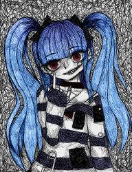 1girl amemiya_darumi black_background black_bow blue_hair bow collar collarbone female_focus fingernails hand_up highres long_hair long_sleeves looking_at_viewer makeup middle_finger pink_eyes safety_pin shirt simple_background solo solo_focus striped_clothes striped_shirt the_hundred_line_-last_defense_academy- twintails white_background