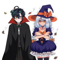 1boy 1girl alternate_costume ascot black_choker black_cloak black_corset black_hair black_pants black_thighhighs black_vest blue_hair blunt_bangs blush bow braid choker cloak closed_mouth cocotsuko1204 collarbone corset cowlick crossed_arms crossed_bangs dark-skinned_female dark_skin dress eyeliner eyeshadow falling_leaves frilled_skirt frills gem genshin_impact green_brooch green_eyes green_gemstone green_hair hair_between_eyes hair_bow halloween_costume hands_on_own_arms hat hat_bow highres juliet_sleeves kinich_(genshin_impact) leaf light_blue_hair long_hair long_sleeves looking_at_another makeup mualani_(genshin_impact) multicolored_hair orange_bow orange_hat pants parted_bangs pendant_choker puffy_sleeves purple_dress purple_hat purple_sleeves red_cloak red_eyeliner red_eyeshadow self_hug shaded_face short_eyebrows sidelocks skirt slit_pupils streaked_hair thighhighs trembling turn_pale twin_braids two-sided_cloak two-sided_fabric two-sided_headwear vest waistcoat white_ascot white_background witch_hat