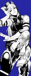1girl absurdres animal_ears armband bare_shoulders belt_pouch blue_background blunt_bangs boots bow bowtie breasts crossed_legs dress ear_bow ear_covers from_below full_body gloves gold_ship_(umamusume) greyscale_with_colored_background grin highres horse_ears horse_girl horseshoe knee_boots long_hair medium_breasts my_nameisyoon pantyhose parted_lips pillbox_hat pouch sleeveless sleeveless_dress smile solo toned toned_female umamusume v white_gloves white_pantyhose