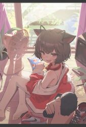 1girl 1other absurdres animal_collar animal_ear_hairband animal_ears bag_of_chips black_hairband bra breasts brown_hair cat_ears cat_girl cat_tail chips_(food) collar commentary domado english_commentary fake_animal_ears fang food hair_between_eyes hairband highres indoors jacket joy-con lay&#039;s_(potato_chips) long_sleeves looking_at_viewer mole mole_under_eye no_shoes open_clothes open_jacket open_mouth original plant potato_chips potted_plant pov pov_hands prunechi raised_eyebrow red_collar red_eyes red_jacket shoes short_hair sitting skin_fang small_breasts solo_focus tail tail_grab thighhighs underwear unworn_shoes white_bra white_thighhighs