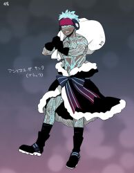 1boy angra_mainyu_(fate) angra_mainyu_(third_ascension)_(fate) black_gloves blue_eyes blue_hair boots commentary_request dark-skinned_male dark_skin fate/grand_order fate_(series) full_body fur-trimmed_skirt fur_trim gloves glowing_tattoo grin headband holding holding_sack male_focus red_headband sack shibakou signature skirt smile solo topless_male translation_request very_dark_skin