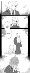 1boy absurdres age_progression animal_ears barefoot bead_necklace beads blush crying dog_boy dog_ears english_text grave greyscale hair_between_eyes highres instagram_username inuyasha inuyasha_(character) japanese_clothes jewelry long_hair male_focus monochrome necklace screentones sidelocks solo tears tiroma tooth_necklace twitter_username white_hair wiping_tears