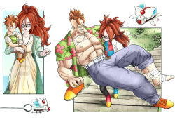1boy 1girl android_16 android_21 bandaged_foot bandages black-framed_eyewear black_nails blue_eyes breasts carrying carrying_person cleavage commentary denim dog_tags dragon_ball dragon_ball_fighterz dragonball_z dress earrings english_commentary floral_print from_above gevo_(dragon_ball) glasses gold_earrings green_sweater_vest highres hoop_earrings injury jeans jewelry lab_coat long_hair looking_at_another messy_hair mohawk mother_and_son muscular muscular_male open_clothes open_mouth open_shirt orange_hair pants pointing ponytail red_hair robot shoes silverwoodwork single_shoe size_difference stairs sweat sweater_vest vomi_(dragon_ball)