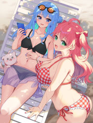 2girls ass beach beach_chair bikini black_bikini blue_eyes blue_hair blush breasts chair green_eyes highres hololive hoshimachi_suisei large_breasts long_hair looking_at_viewer multiple_girls on_chair open_mouth pink_hair red_bikini sakura_miko sand small_breasts swimsuit unkai_amane virtual_youtuber