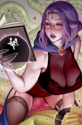 Rule 34 | 1boy, 1girl, absurdres, beast boy (dc), blush, book, breasts, bulge, cleavage, colored skin, couple, dc comics, erection, erection under clothes, excited for sex, glasses, green skin, heart, highres, large breasts, large penis, magic, penis, purple eyes, purple hair, purple lips, raven (dc), sitting, sitting on person, teen titans, tentacles, thick thighs, thighs