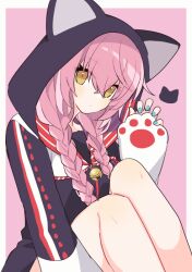1girl alternate_eye_color animal_hood bare_legs bell blue_nails border braid braided_sidelocks claw_pose commentary_request hair_between_eyes hood hoodie knees_up long_hair looking_at_viewer megurine_luka megurine_luka_(nekomimi_parka) nail_polish neck_bell pawpads pink_background pink_hair project_diva_(series) purple_hoodie sidelocks simple_background solo twin_braids vocaloid white_background yellow_eyes yoshiki